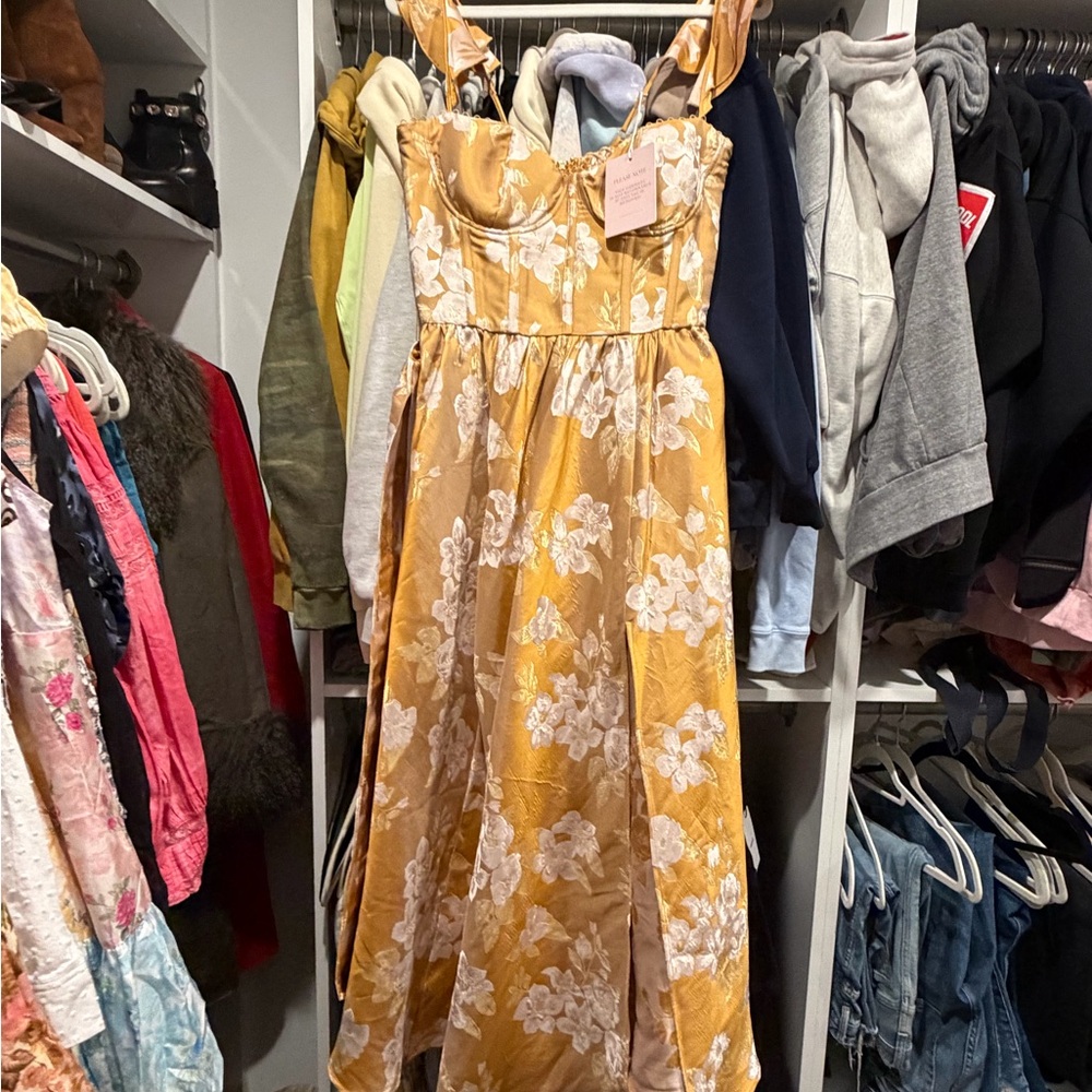 V Chapman Floral Ruffle-Strap Dress in Mustard Yellow - Picture 2 of 3